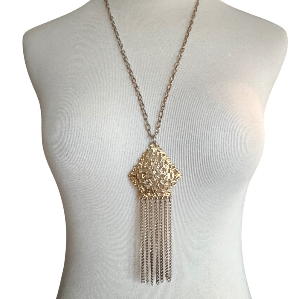 Vintage Boho Style Tassel Statement Necklace Gold Tone Festival Estruscan Mogul - Picture 1 of 9